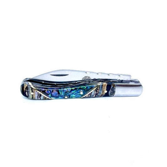 Coutellerie Passarelli - Couteau Aurillac lame pliable 10.5 cm molaire de mammouth teintée et stabilisée abalone