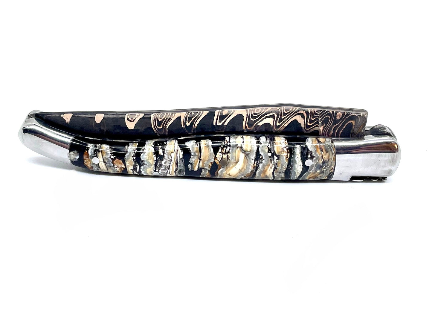 Couteau pliant damas artisanal - Laguiole Molaire de Mammouth stabilisée lame de Damas pliable 12 cm Lame Baker Forge - CopperMai Nishim - Ripple