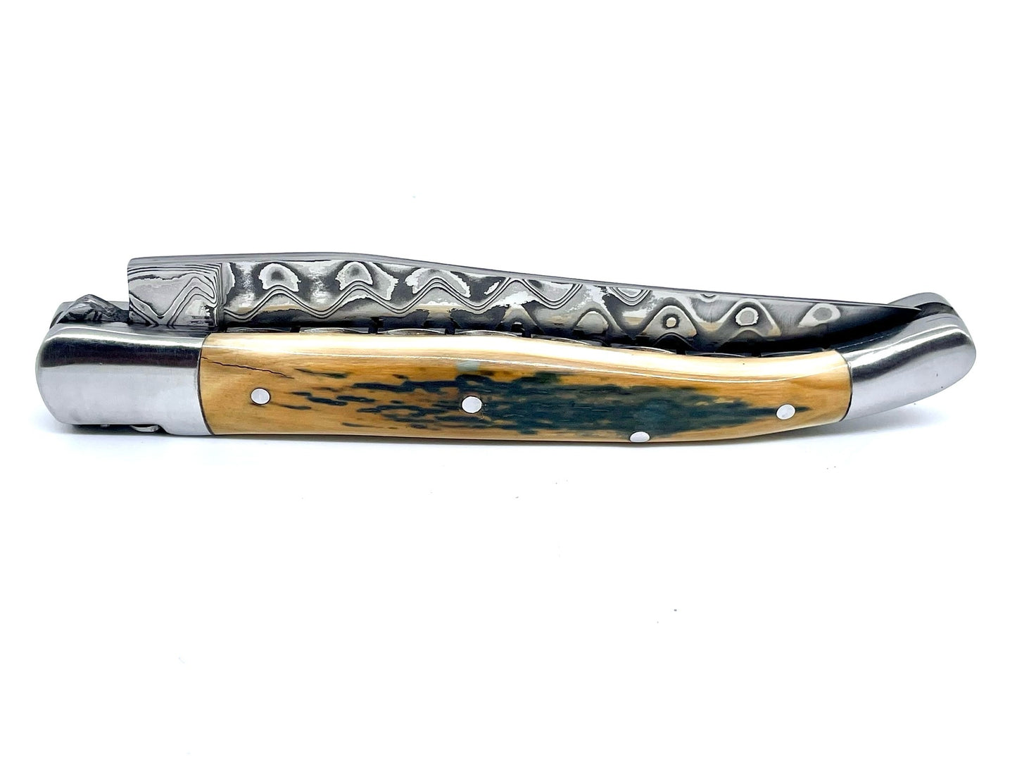 Coutellerie Passarelli - Couteau Laguiole lame pliable 12cm défense bleue de mammouth lame de Damas