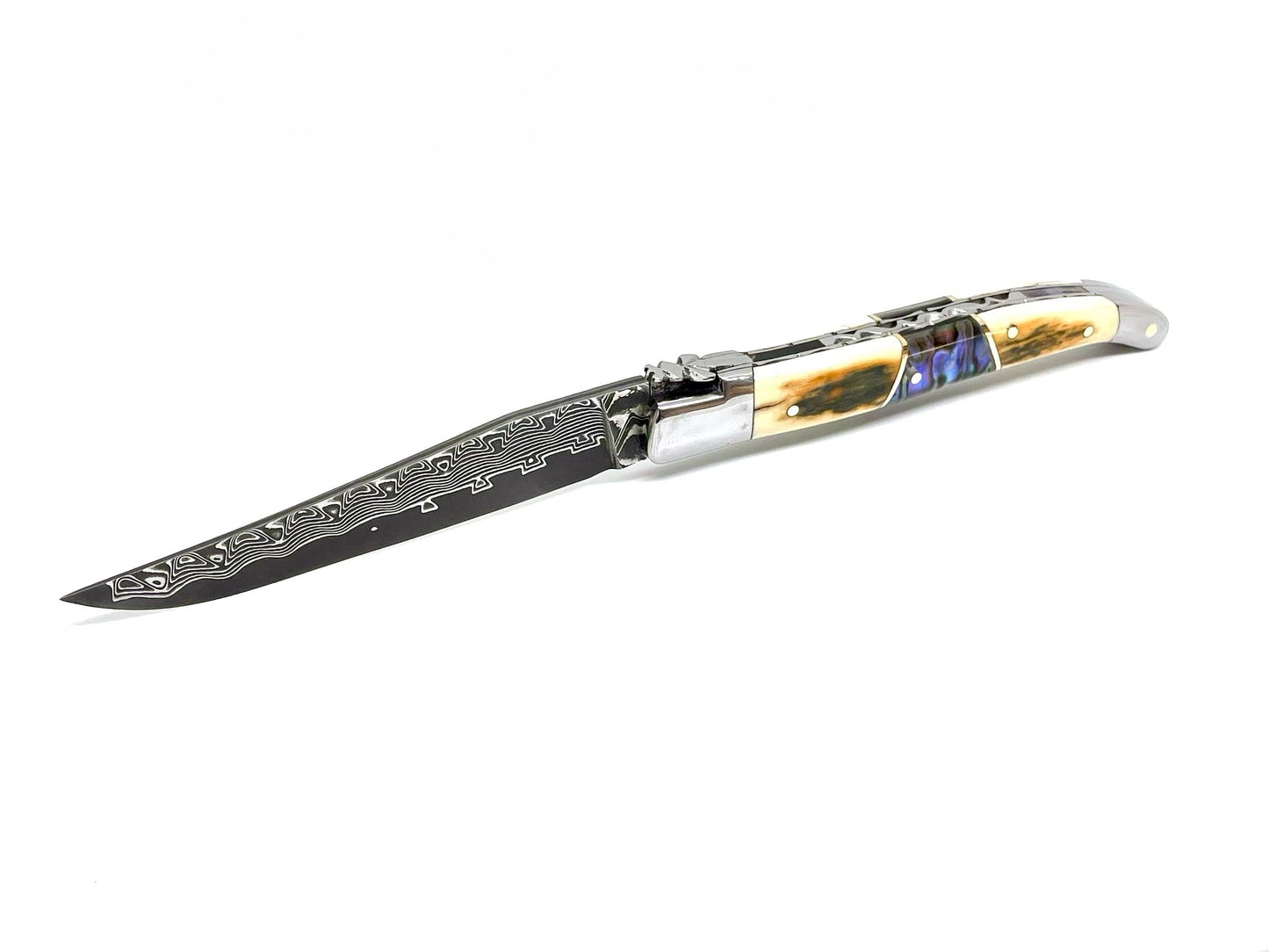 Coutellerie Passarelli - Couteau Laguiole lame pliable 12cm défense bleue de mammouth lame de Damas insert abalone