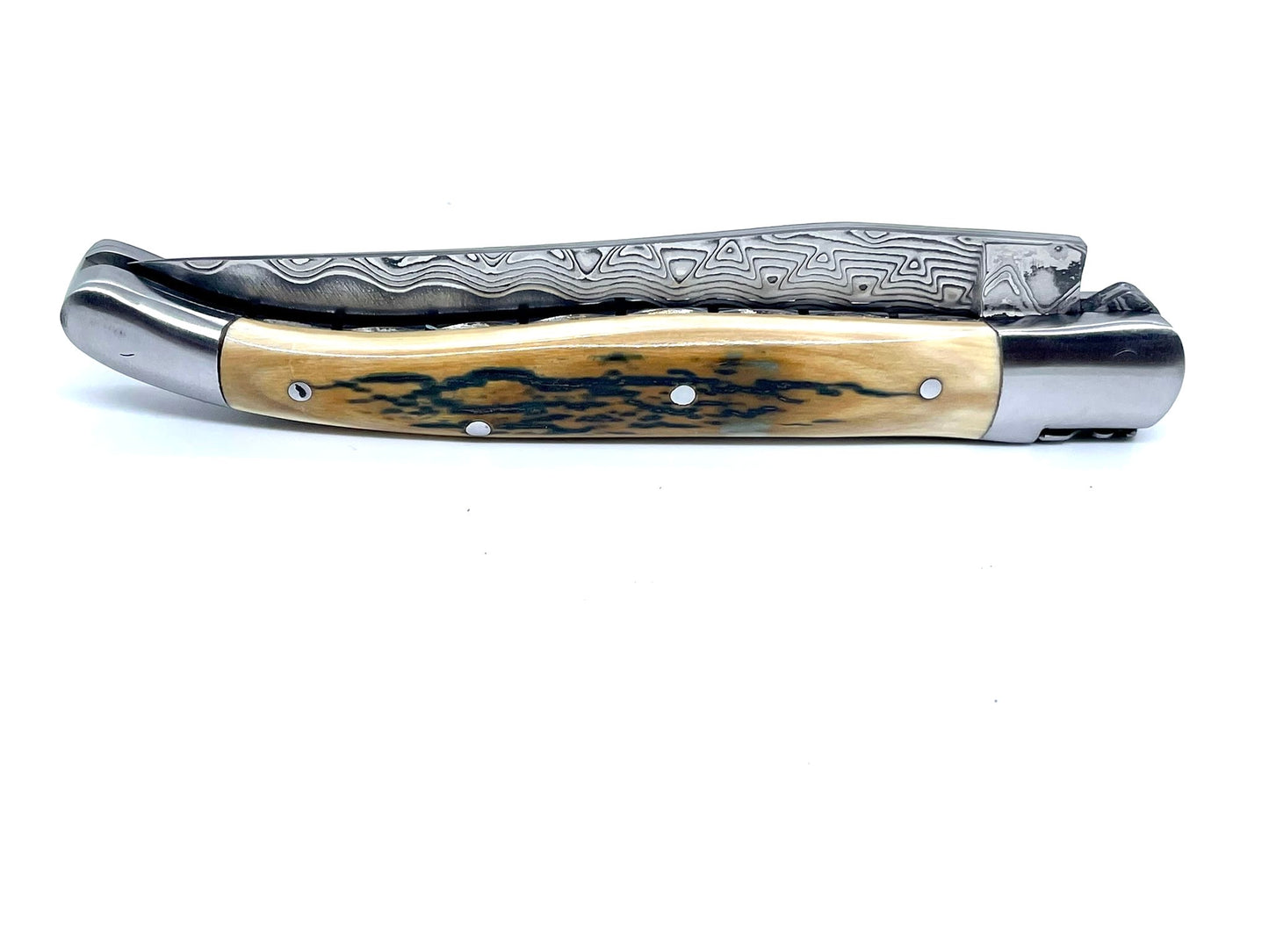 Coutellerie Passarelli - Couteau Laguiole lame pliable 12cm défense bleue de mammouth lame de Damas