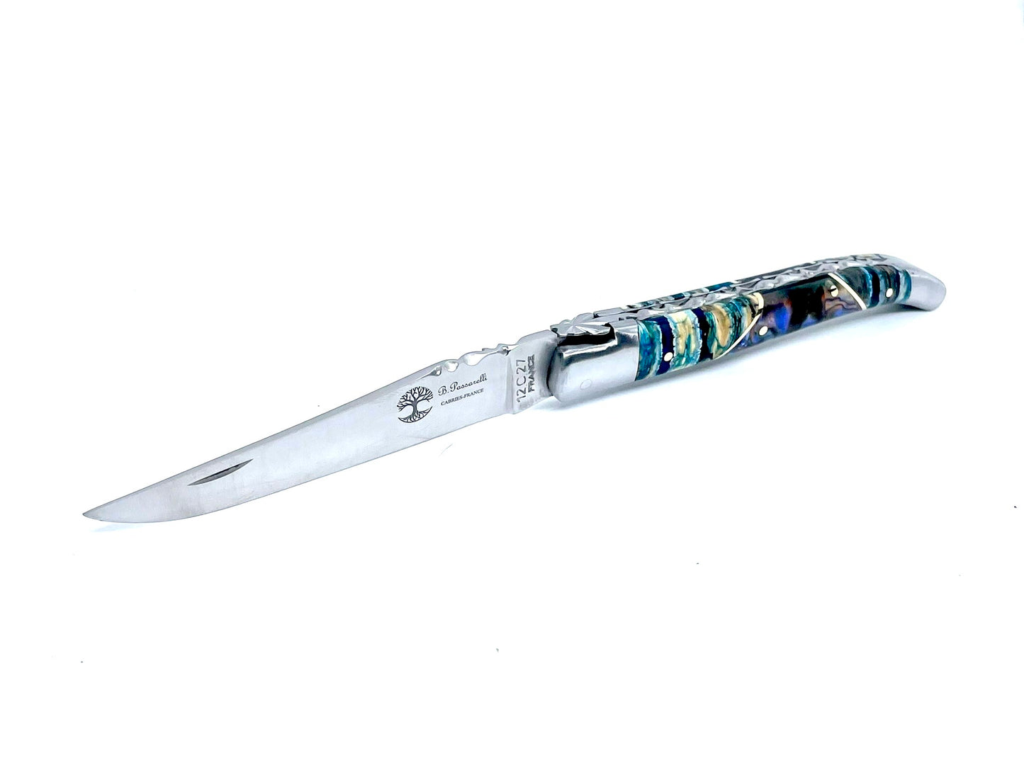 Coutellerie Passarelli - Couteau Laguiole lame pliable 12cm molaire de mammouth teintée et stabilisée abalone