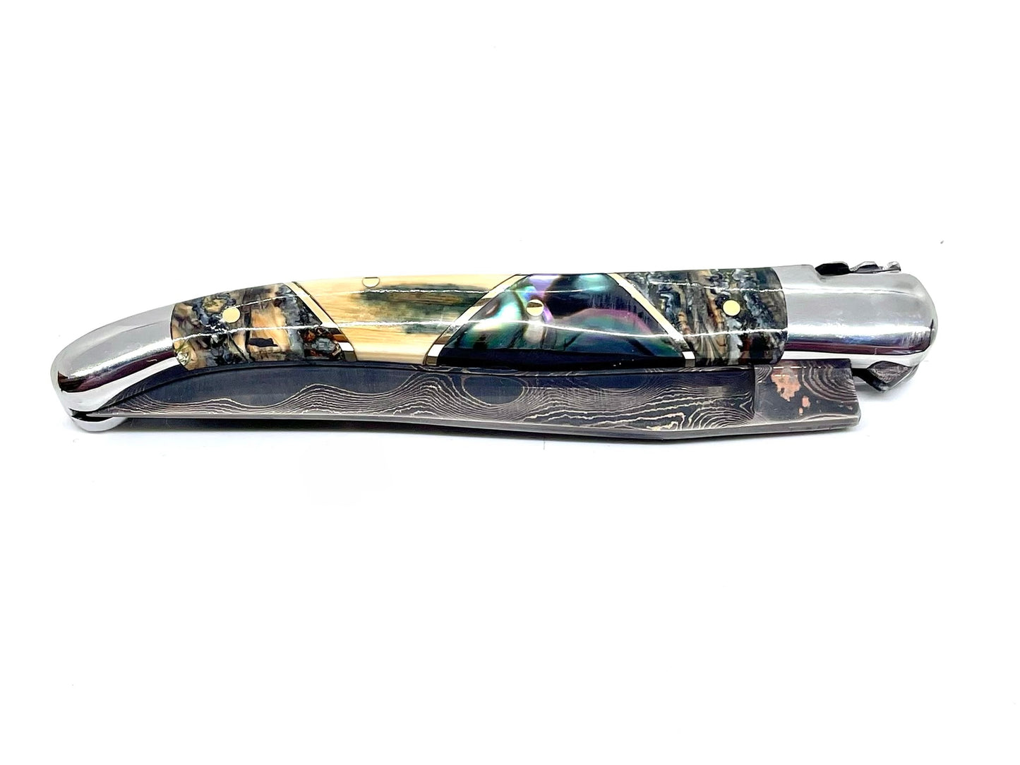 Couteau pliant damas artisanal - Laguiole Molaire de Mammouth teintée et stabilisée, défense bleue de mammouth et abalone, lame de Damas pliable 12 cm TigerMai-Raindrop
