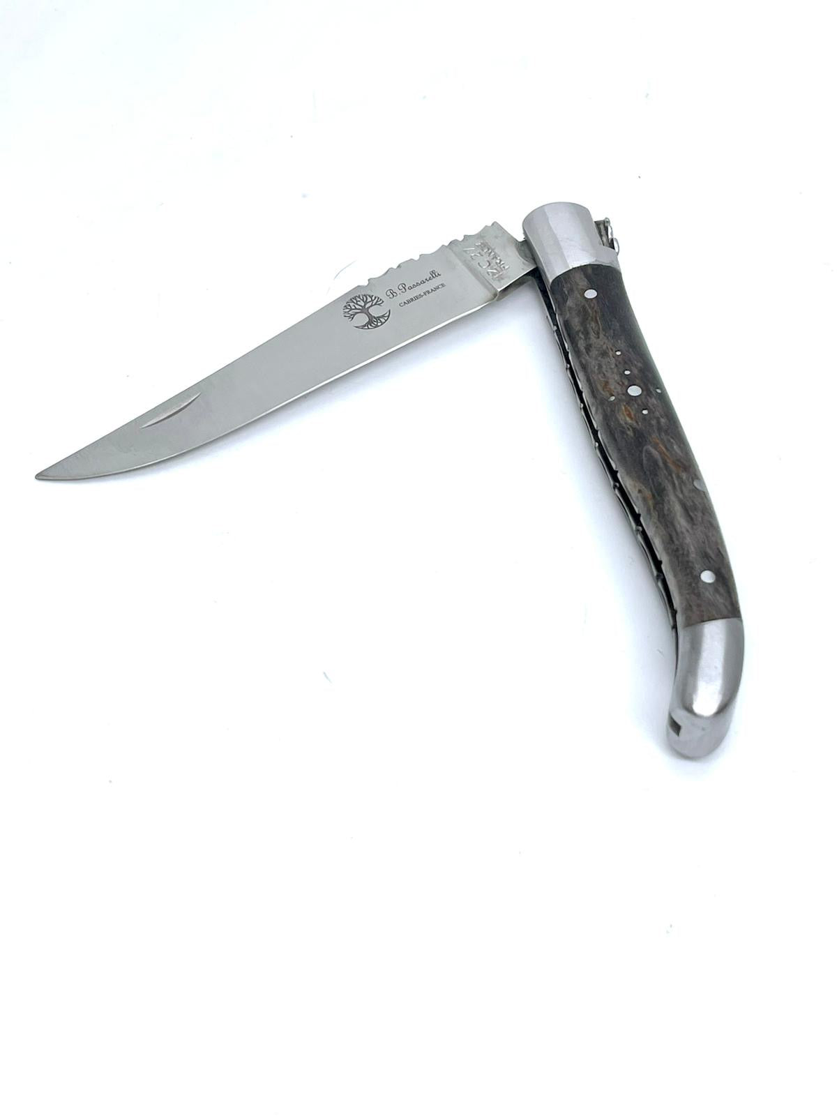 Coutellerie Passarelli - Couteau Laguiole lame pliable 12cm Bouleau madré teinté anthracite stabilisé