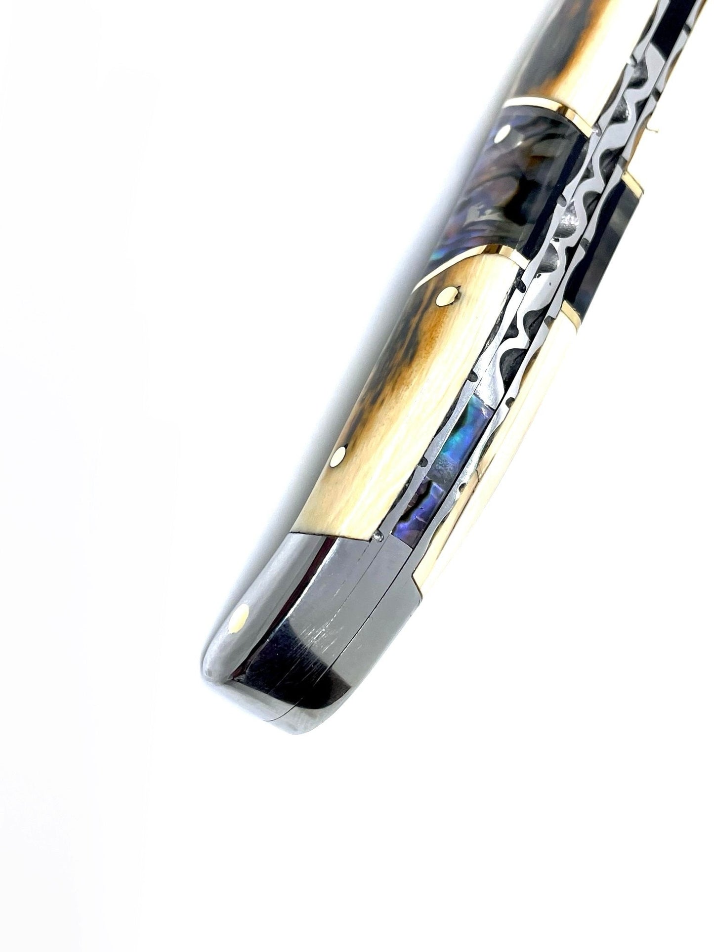 Coutellerie Passarelli - Couteau Laguiole lame pliable 12cm défense bleue de mammouth lame de Damas insert abalone