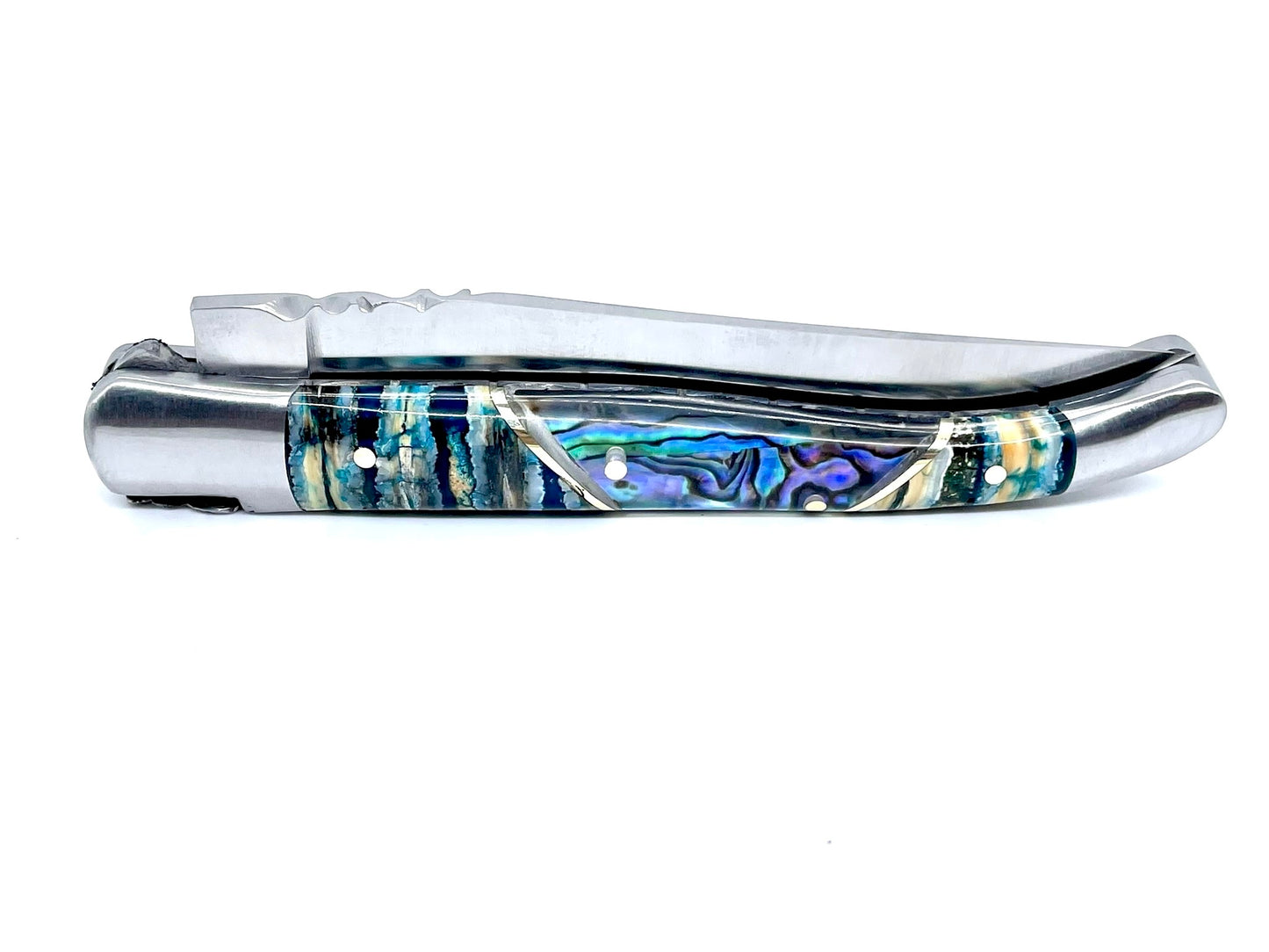Coutellerie Passarelli - Couteau Laguiole lame pliable 12cm molaire de mammouth teintée et stabilisée abalone