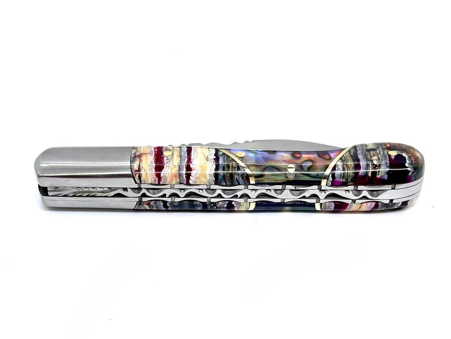 Coutellerie Passarelli - Couteau Aurillac lame pliable 10.5 cm molaire de mammouth teintée et stabilisée abalone
