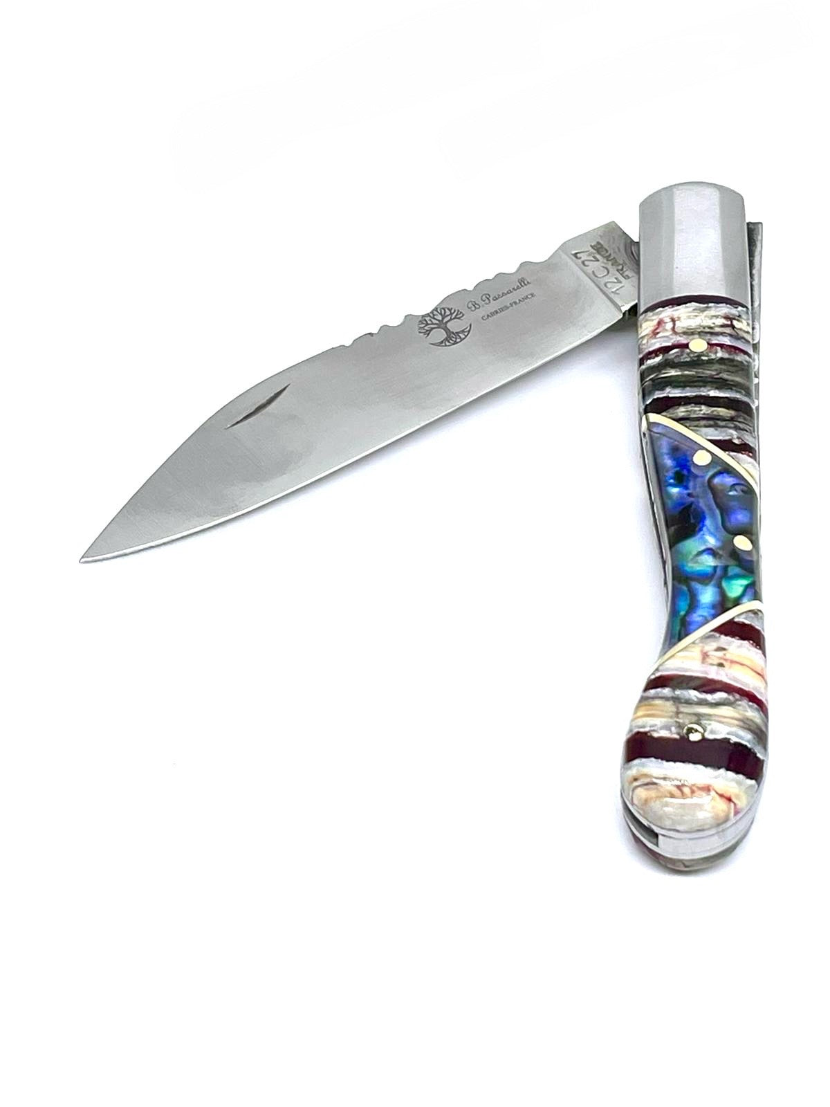 Coutellerie Passarelli - Couteau Aurillac lame pliable 10.5 cm molaire de mammouth teintée et stabilisée abalone