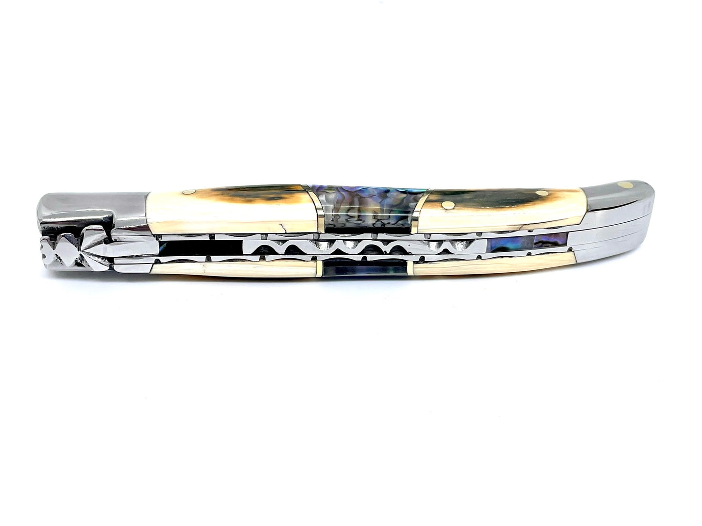 Coutellerie Passarelli - Couteau Laguiole lame pliable 12cm défense bleue de mammouth lame de Damas insert abalone