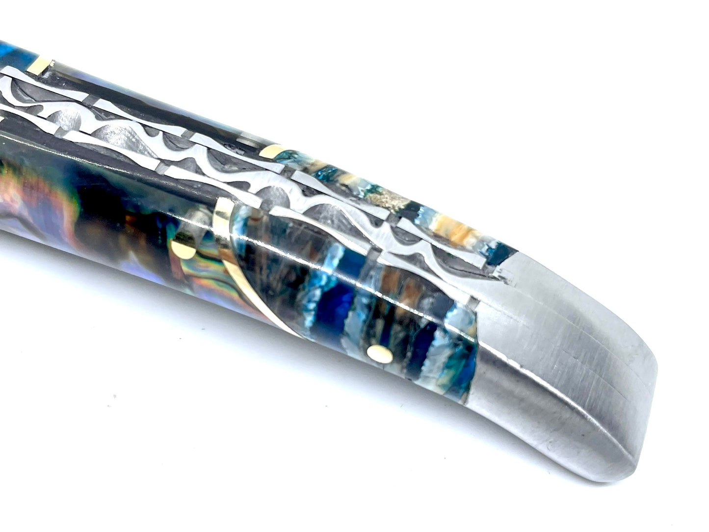 Coutellerie Passarelli - Couteau Laguiole lame pliable 12cm molaire de mammouth teintée et stabilisée abalone