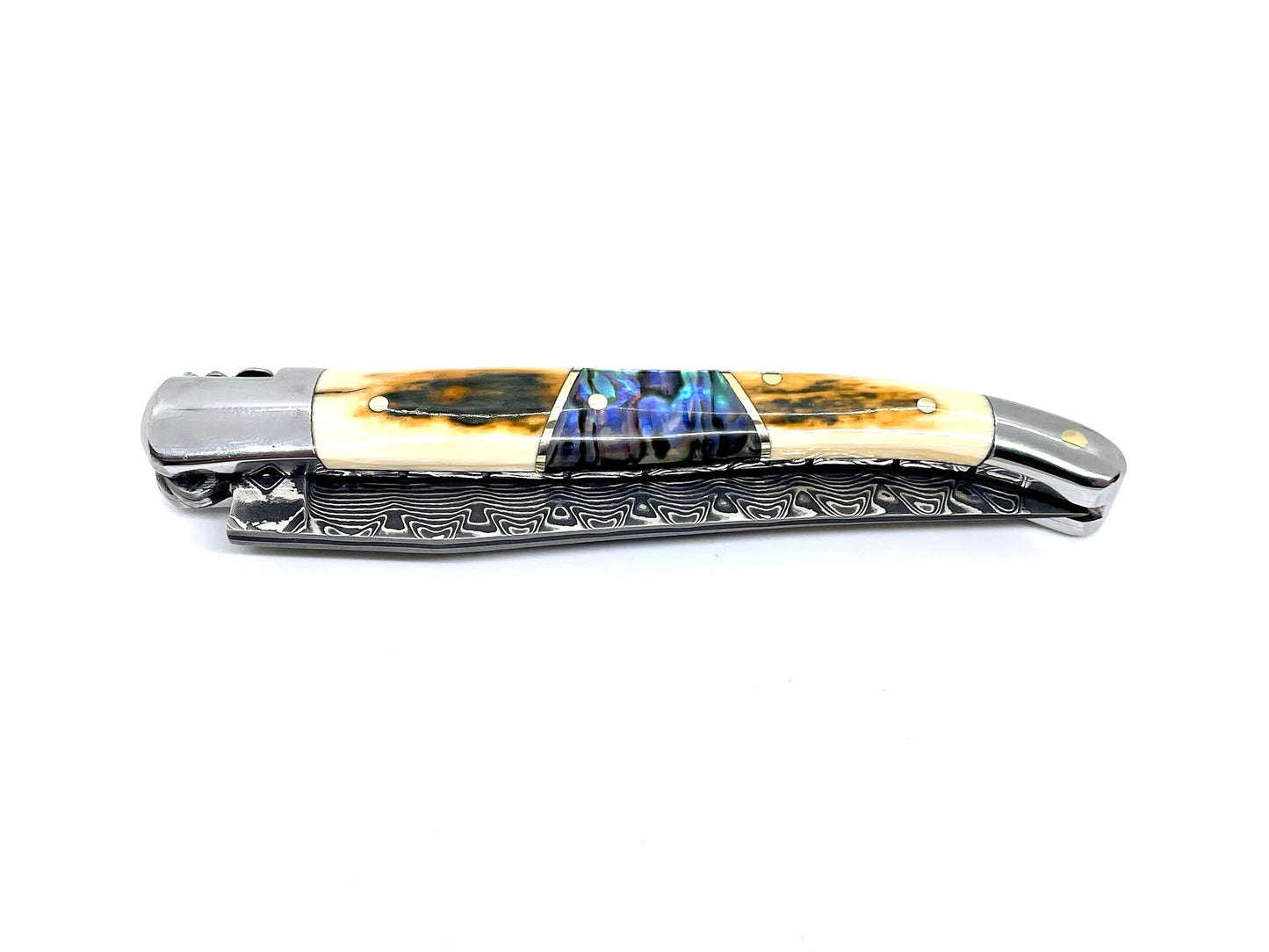 Coutellerie Passarelli - Couteau Laguiole lame pliable 12cm défense bleue de mammouth lame de Damas insert abalone