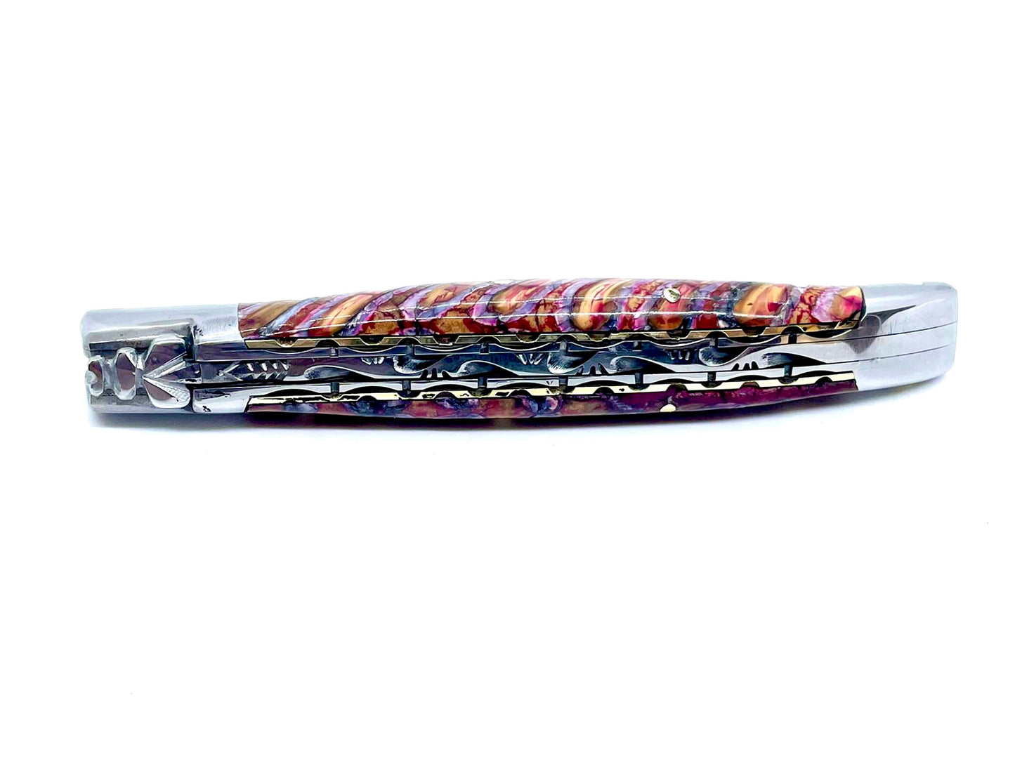 Couteau pliant damas artisanal en Molaire de Mammouth modèle Laguiole