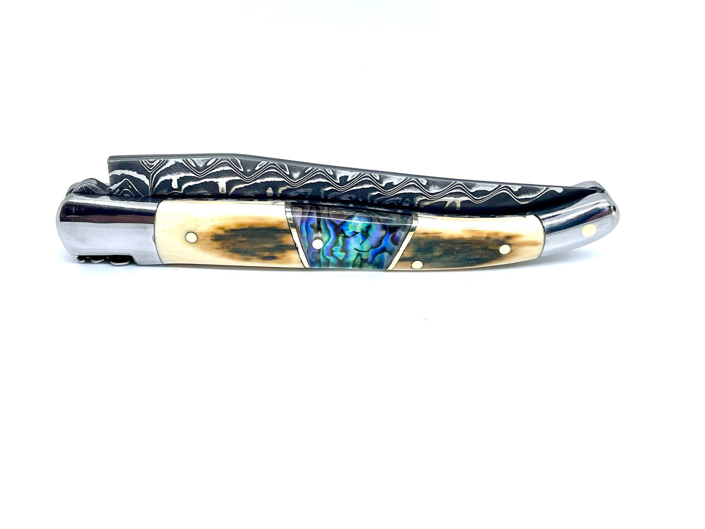 Coutellerie Passarelli - Couteau Laguiole lame pliable 12cm défense bleue de mammouth lame de Damas insert abalone