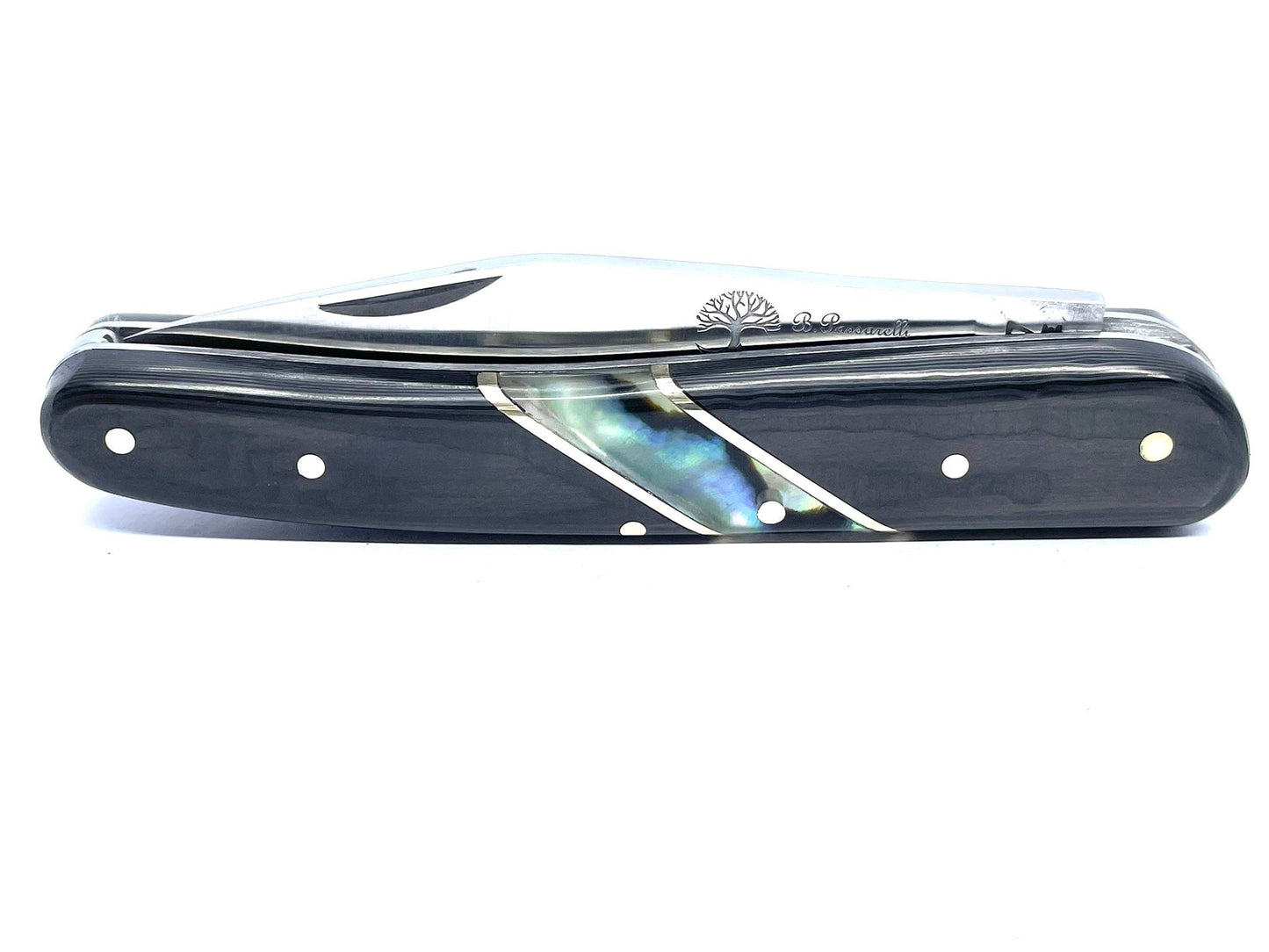 Coutellerie Passarelli - Couteau alsacien lame pliable 10 cm fibre de carbone et abalone du Pacifique