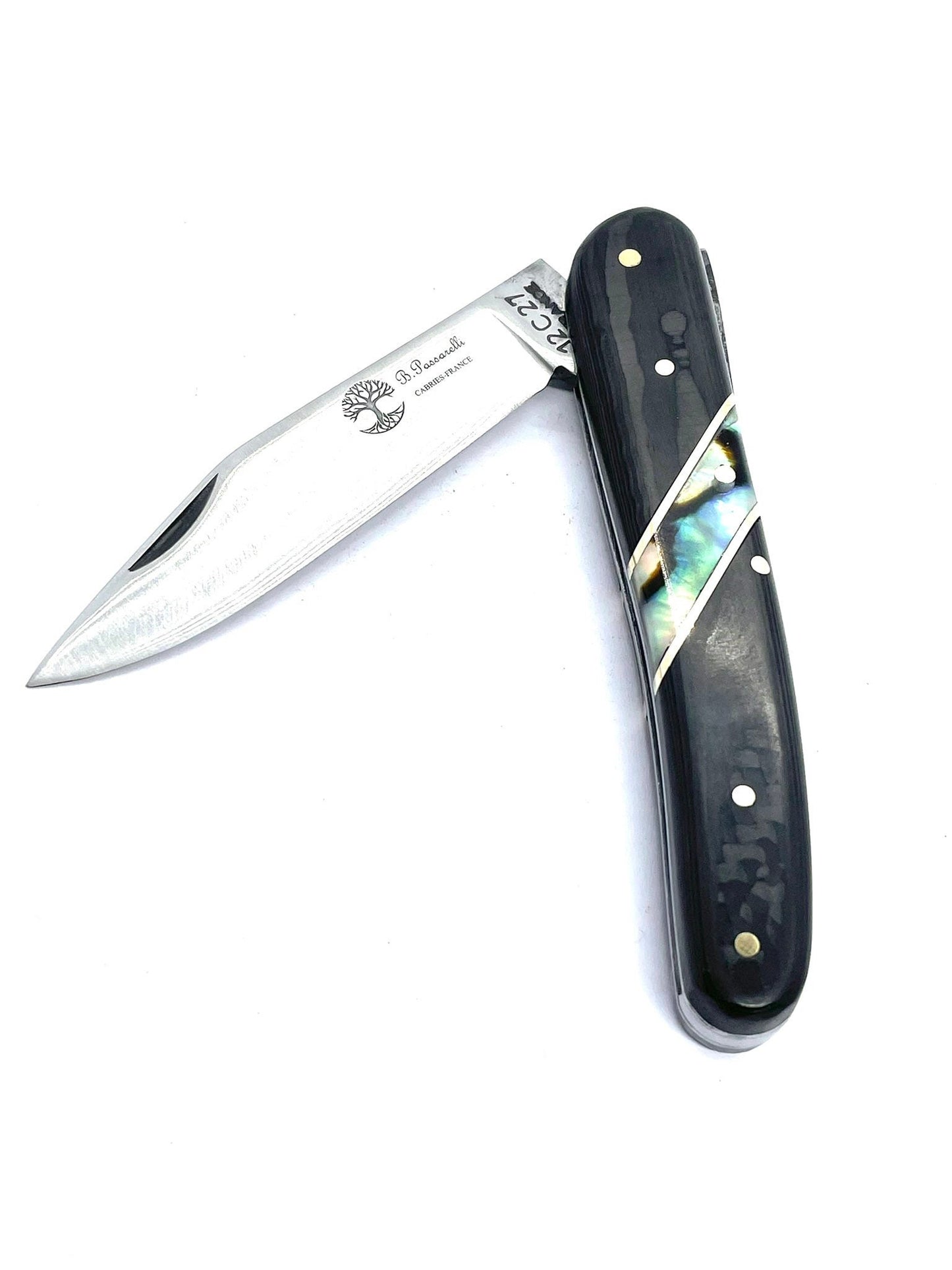 Coutellerie Passarelli - Couteau alsacien lame pliable 10 cm fibre de carbone et abalone du Pacifique