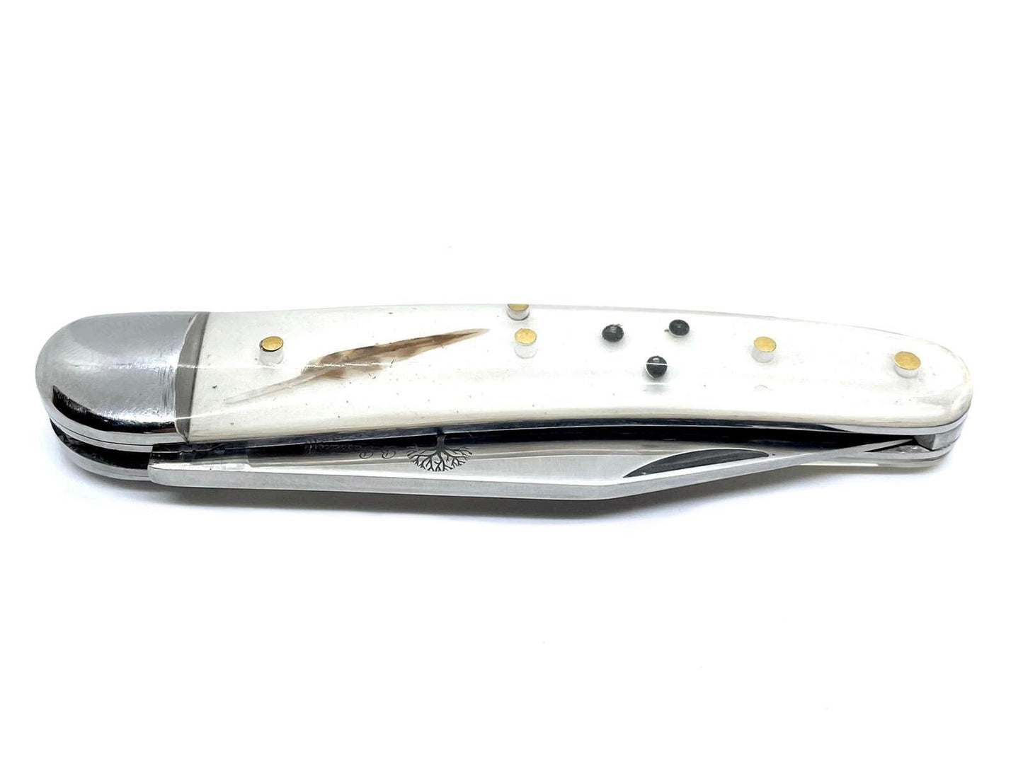 Coutellerie Passarelli - Couteau Alsacien lame pliable 10 cm Plume du peintre de bécasse et plombs de chasse