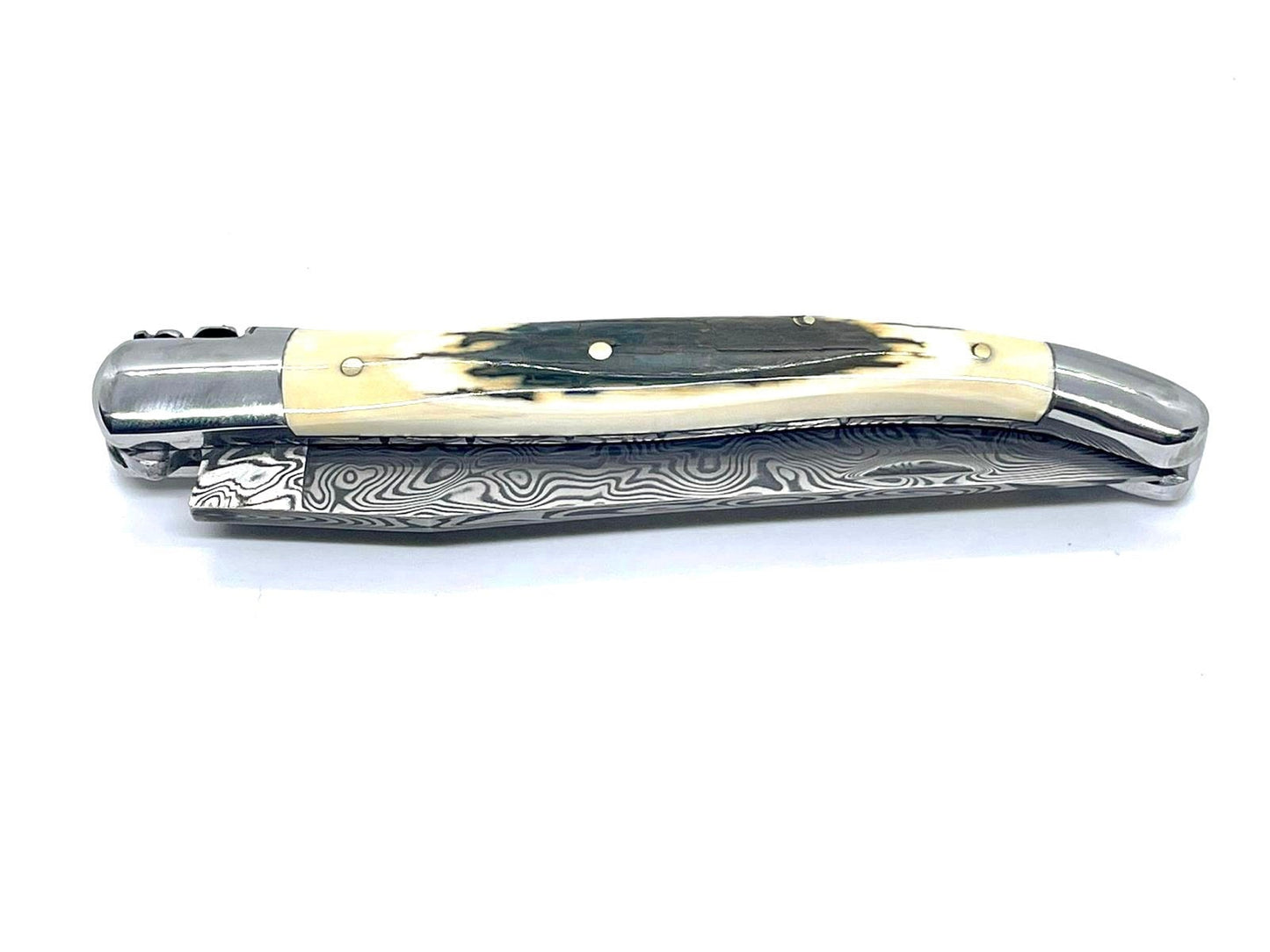 Couteau pliant damas artisanal - Laguiole à lame de Damas pliable 12cm en défense de mammouth bleue