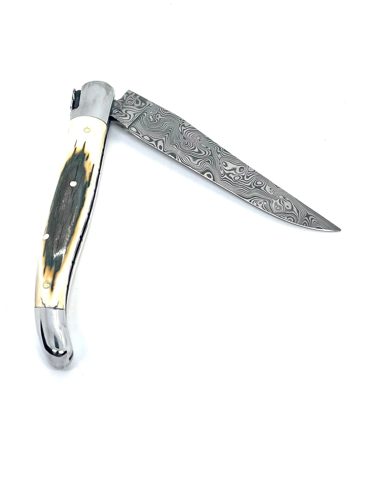Couteau pliant damas artisanal - Laguiole à lame de Damas pliable 12cm en défense de mammouth bleue