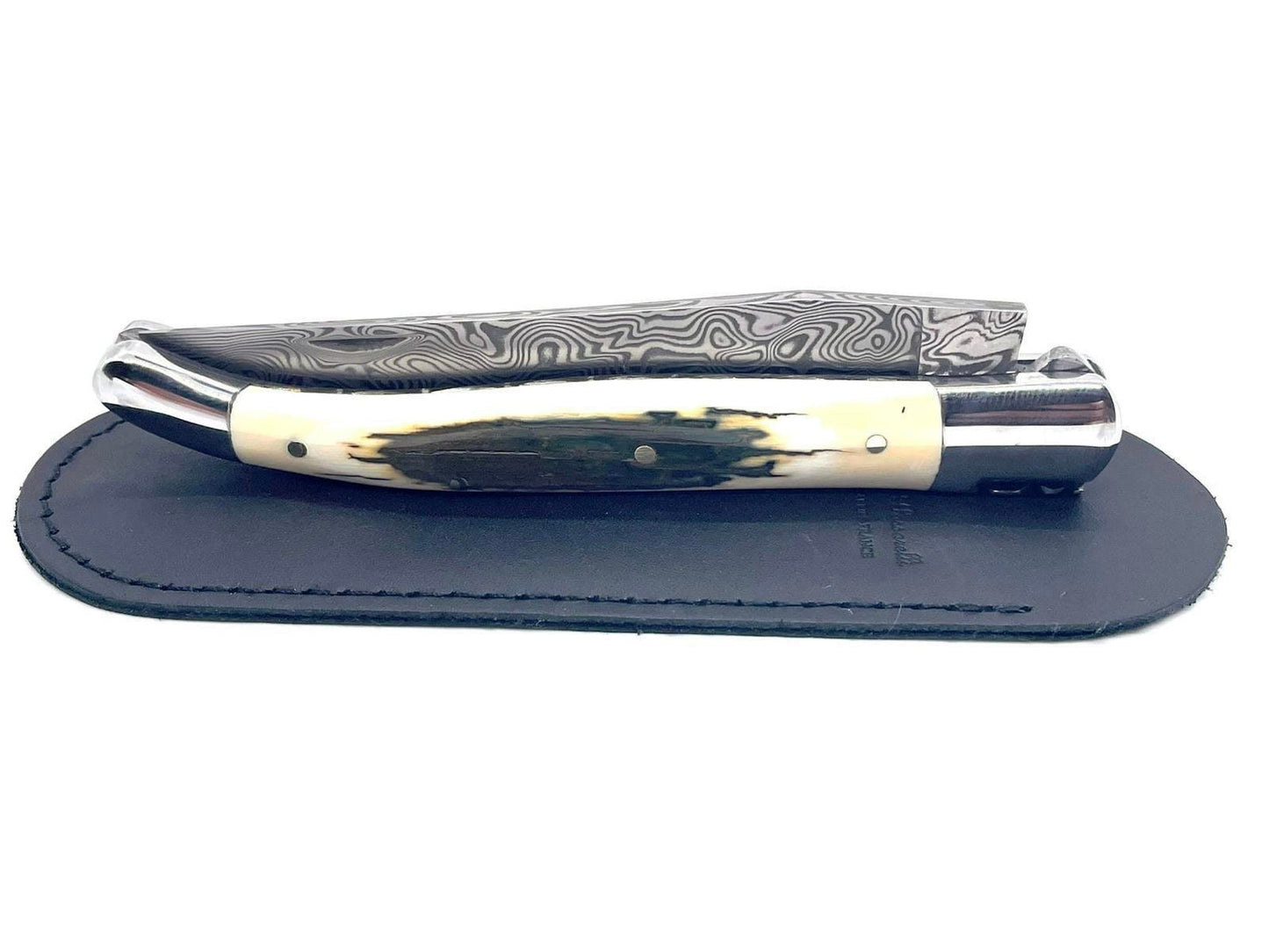 Couteau pliant damas artisanal - Laguiole à lame de Damas pliable 12cm en défense de mammouth bleue