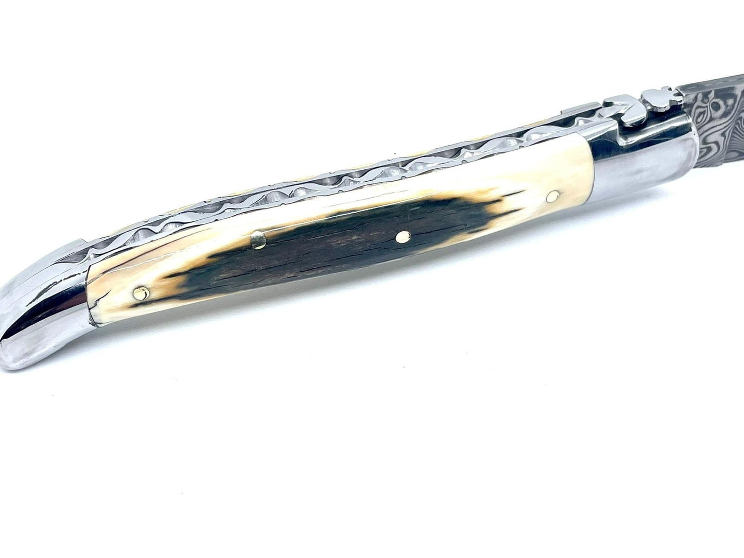 Couteau pliant damas artisanal - Laguiole à lame de Damas pliable 12cm en défense de mammouth bleue