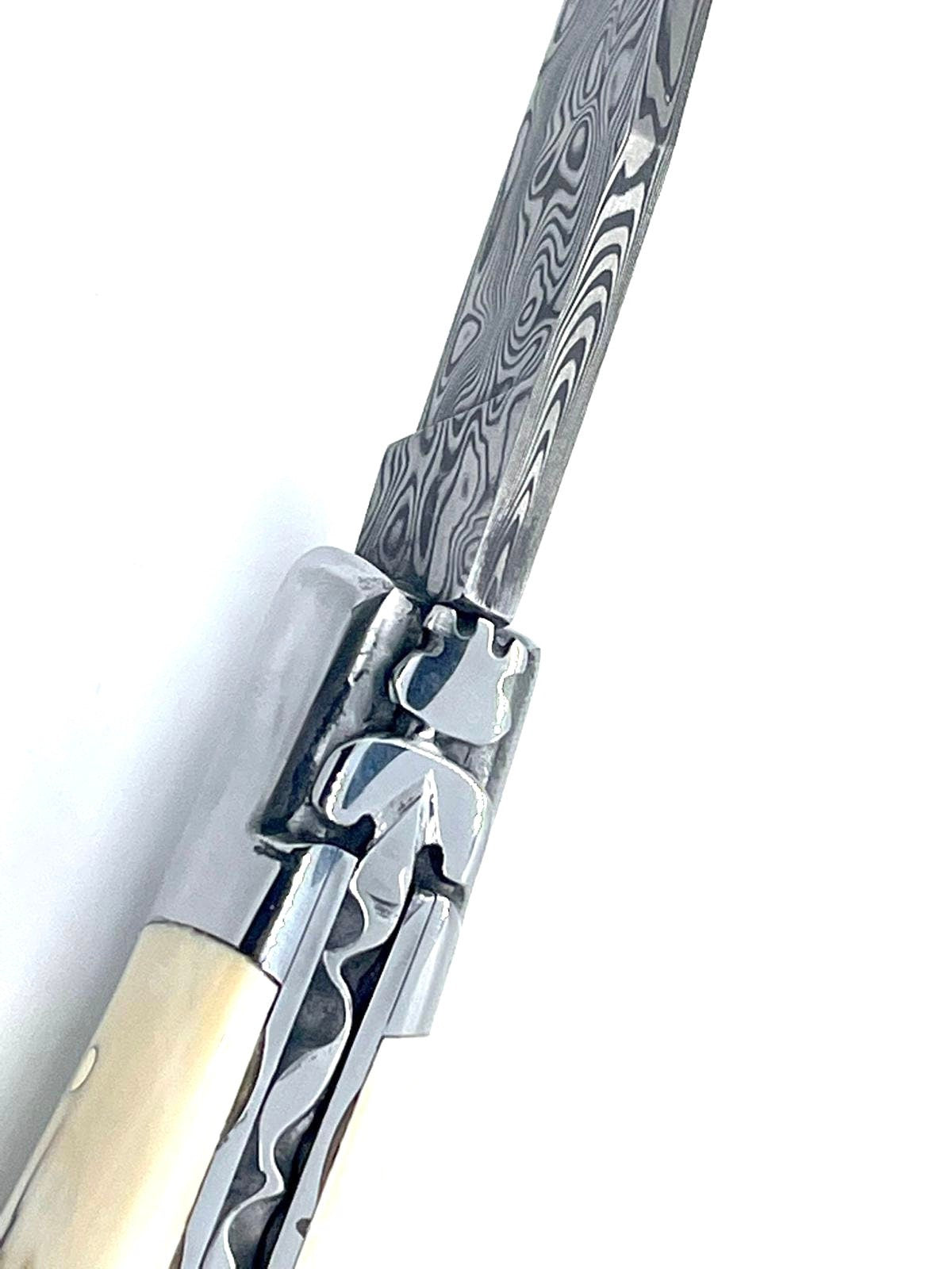 Couteau pliant damas artisanal - Laguiole à lame de Damas pliable 12cm en défense de mammouth bleue
