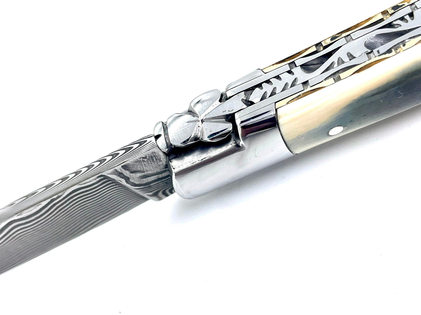 Coutellerie Passarelli - Couteau Laguiole lame pliable 12cm défense bleue de mammouth lame de Damas