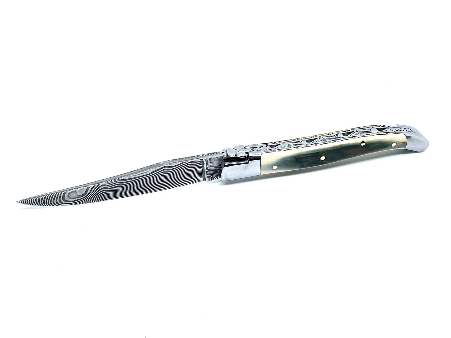 Coutellerie Passarelli - Couteau Laguiole lame pliable 12cm défense bleue de mammouth lame de Damas