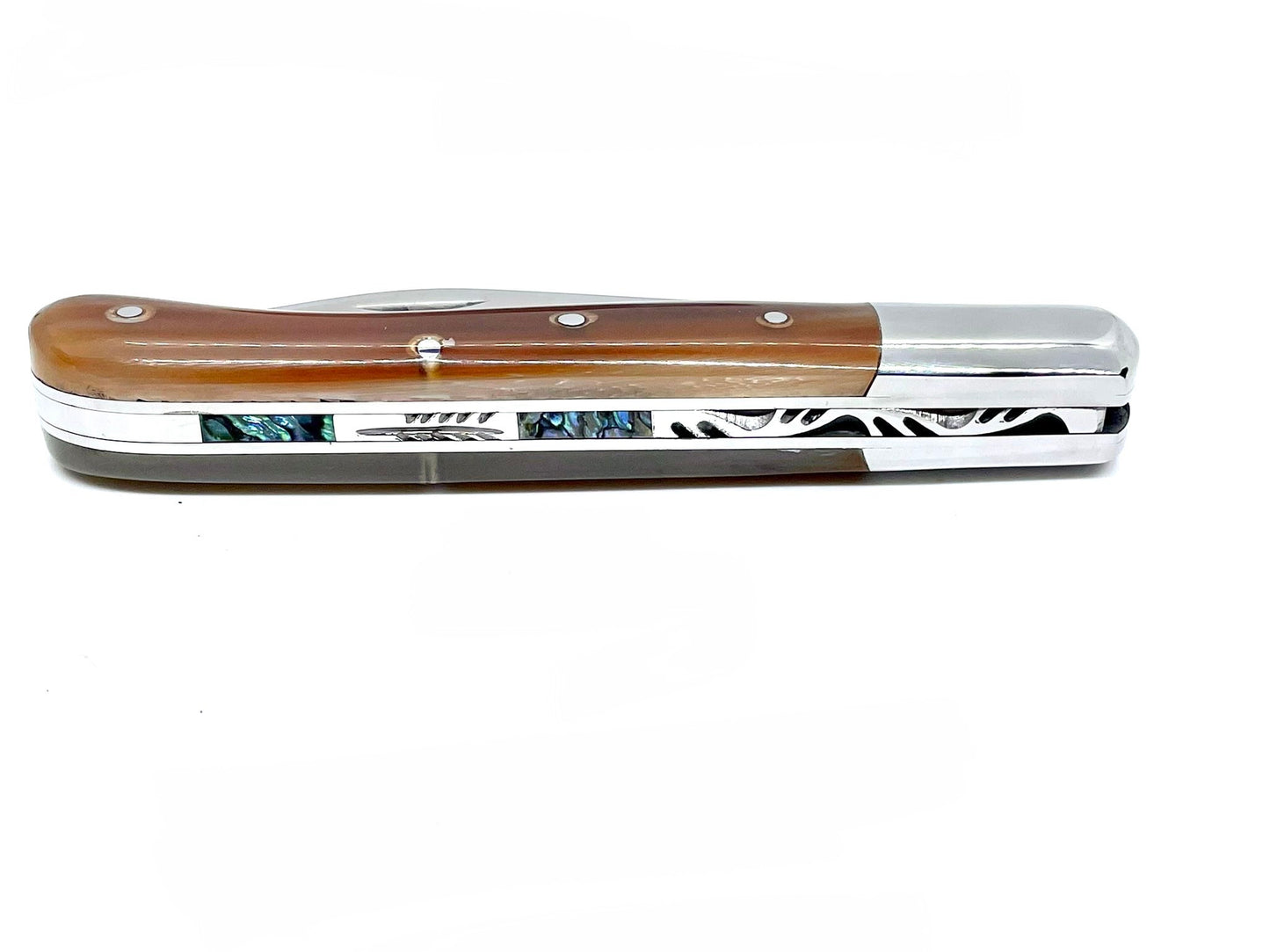 Coutellerie Passarelli - Couteau Aurillac lame pliable 10.5 cm Corne de buffle et inserts de nacre