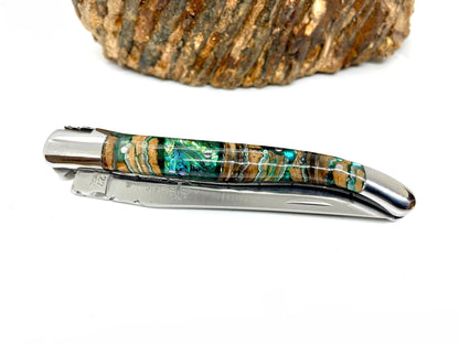 Coutellerie Passarelli - Couteau Laguiole lame pliable 12cm molaire de mammouth teintée et stabilisée abalone