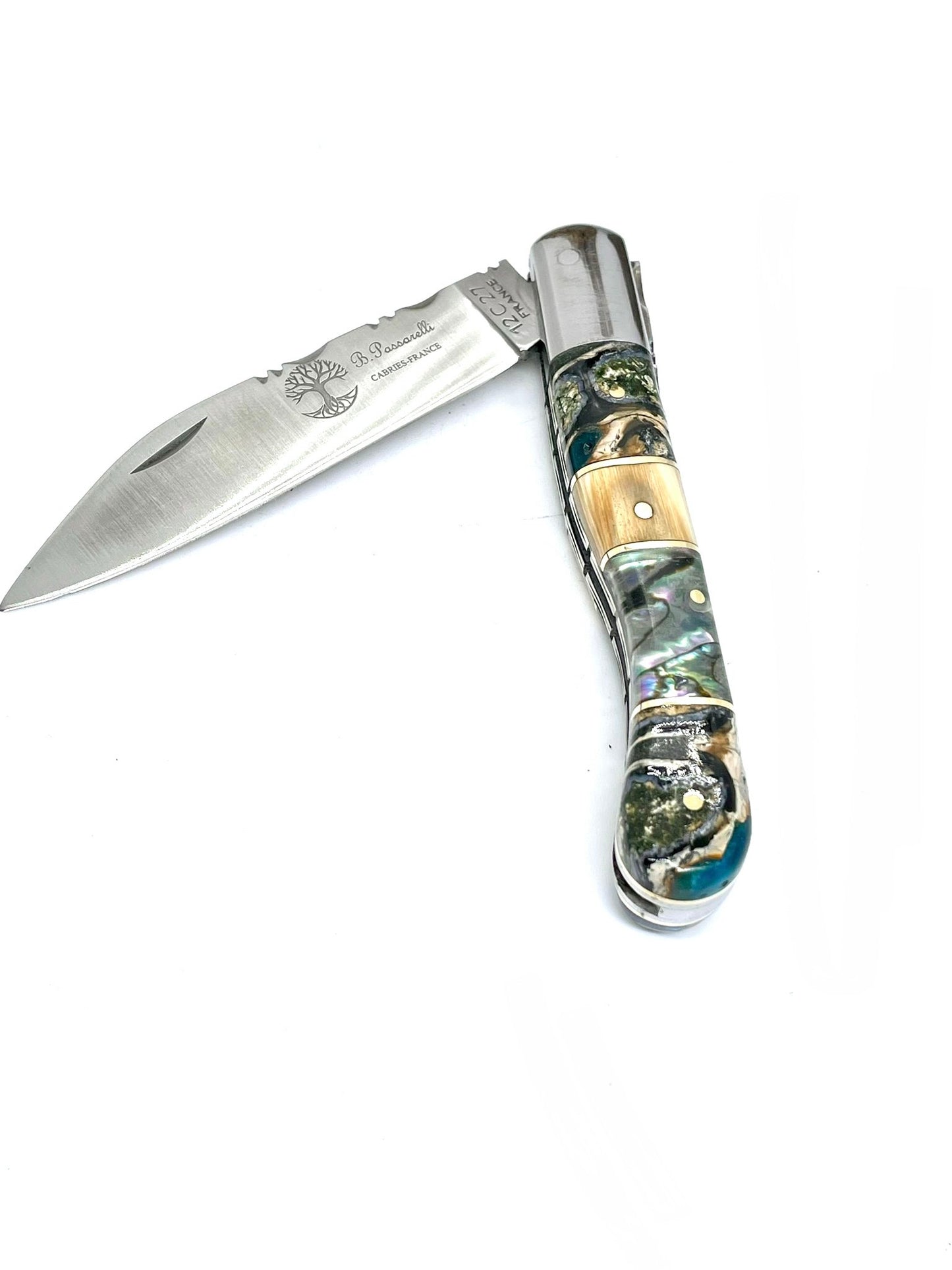 Coutellerie Passarelli - Couteau Aurillac lame pliable 10.5 cm défense et molaire de mammouth, abalone lame pliable 10.5cm