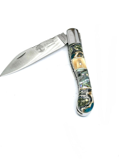 Coutellerie Passarelli - Couteau Aurillac lame pliable 10.5 cm défense et molaire de mammouth, abalone lame pliable 10.5cm