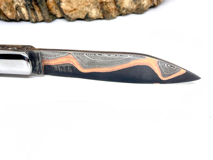 Couteau pliant damas artisanal - Roquefort en Molaire de Mammouth stabilisée et teintée lame de Damas pliable 11.5 cm GoMai-Sunset