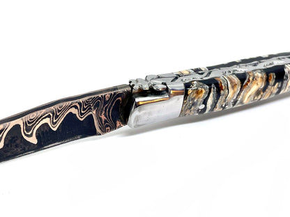 Couteau pliant damas artisanal - Laguiole Molaire de Mammouth stabilisée lame de Damas pliable 12 cm Lame Baker Forge - CopperMai Nishim - Ripple