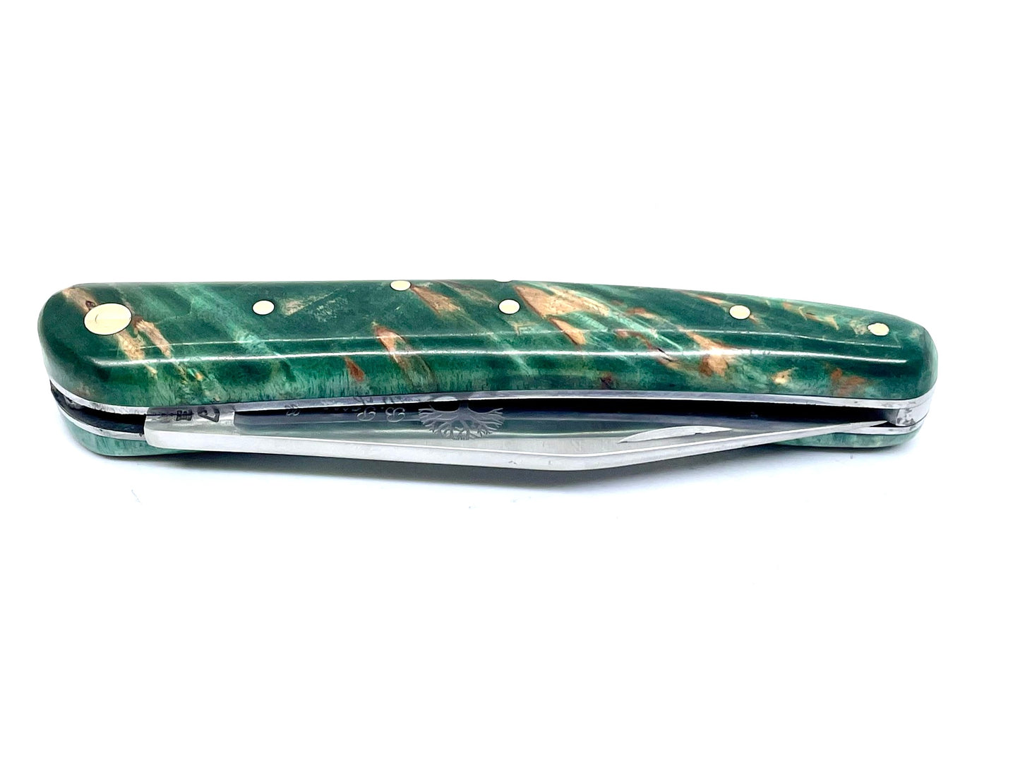 Coutellerie Passarelli - Couteau Alsacien lame pliable 10 cm Bouleau madré teinté et stabilisé vert