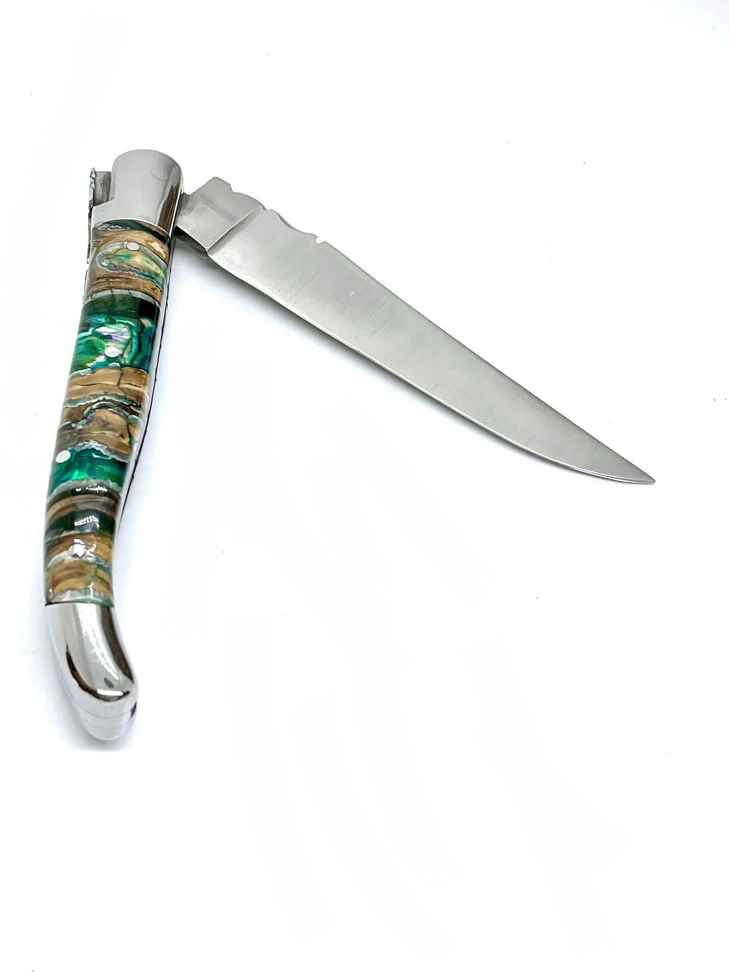 Coutellerie Passarelli - Couteau Laguiole lame pliable 12cm molaire de mammouth teintée et stabilisée abalone