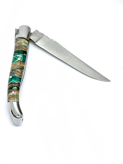 Coutellerie Passarelli - Couteau Laguiole lame pliable 12cm molaire de mammouth teintée et stabilisée abalone