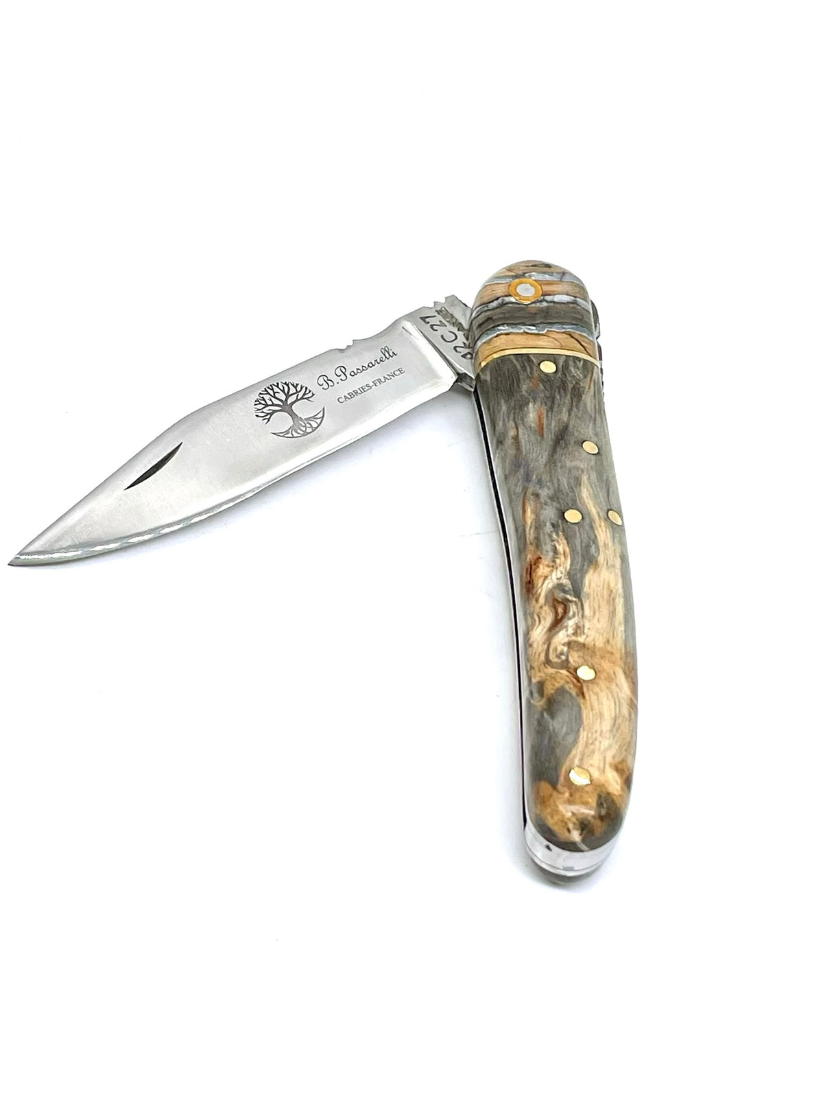 Coutellerie Passarelli - Couteau Alsacien lame pliable 10 cm mitre en molaire de mammouth, Bouleau madré teinté (gris) et stabilisé