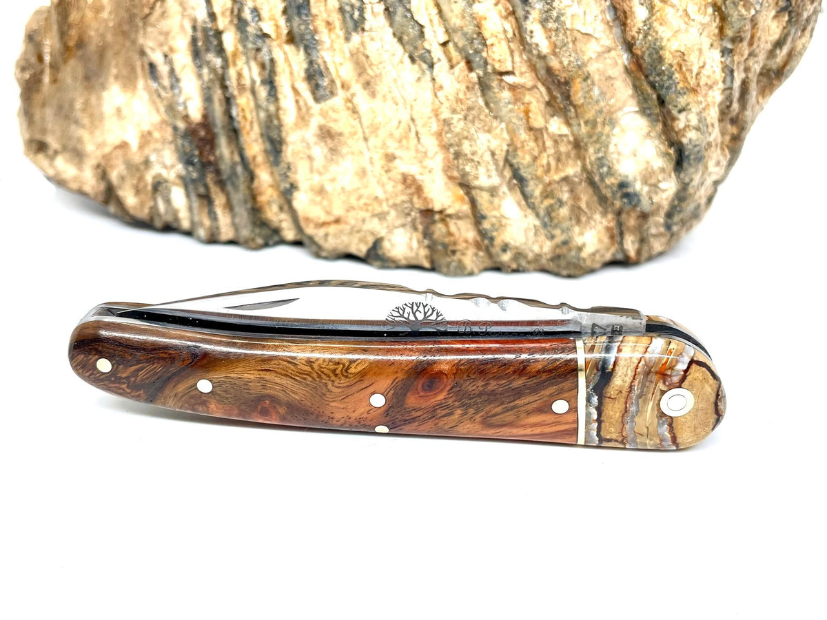 Coutellerie Passarelli - Couteau Alsacien lame pliable 10 cm mitre en molaire de mammouth, loupe d’Amboine naturelle