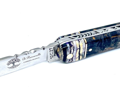 Coutellerie Passarelli - Couteau Alsacien lame pliable 10 cm mitre en molaire de mammouth, Bouleau madré teinté (noir) et stabilisé