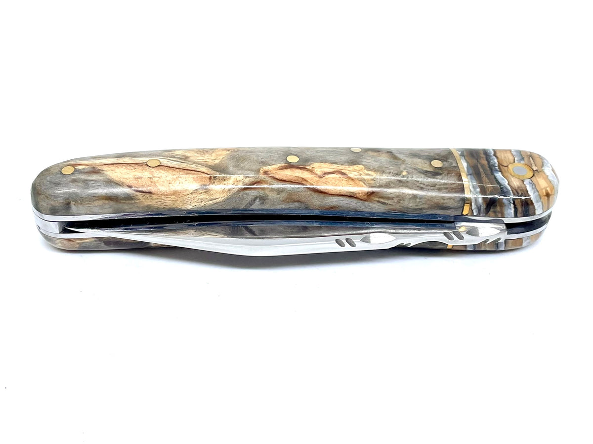 Coutellerie Passarelli - Couteau Alsacien lame pliable 10 cm mitre en molaire de mammouth, Bouleau madré teinté (gris) et stabilisé