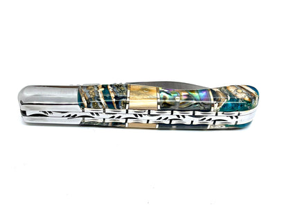 Coutellerie Passarelli - Couteau Aurillac lame pliable 10.5 cm défense et molaire de mammouth, abalone lame pliable 10.5cm
