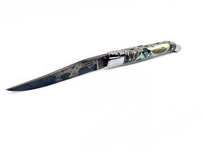 Couteau pliant damas artisanal - Laguiole Molaire de Mammouth teintée et stabilisée, défense bleue de mammouth et abalone, lame de Damas pliable 12 cm TigerMai-Raindrop