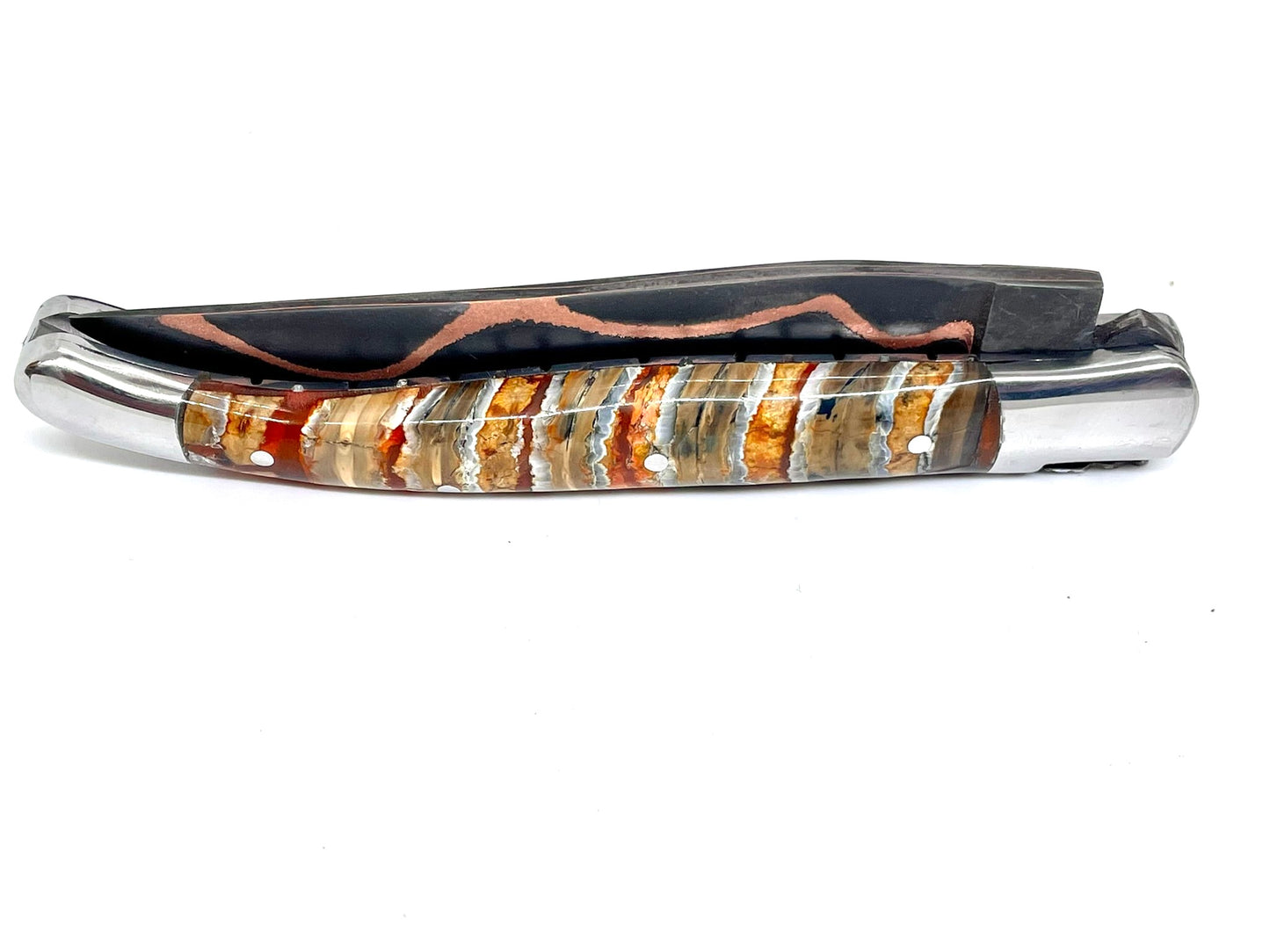 Couteau pliant damas artisanal - Laguiole en Molaire de Mammouth stabilisée et teintée jaune lame de Damas pliable 12 cm Cushim - Dark Mai