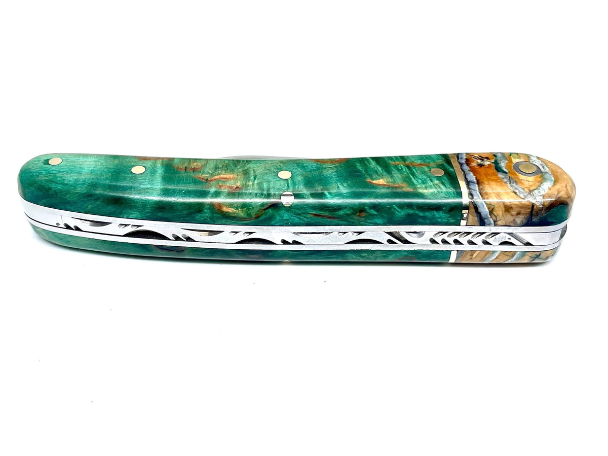 Coutellerie Passarelli - Couteau Alsacien lame pliable 10 cm mitre en molaire de mammouth, Bouleau madré teinté (vert) et stabilisé (Copie)