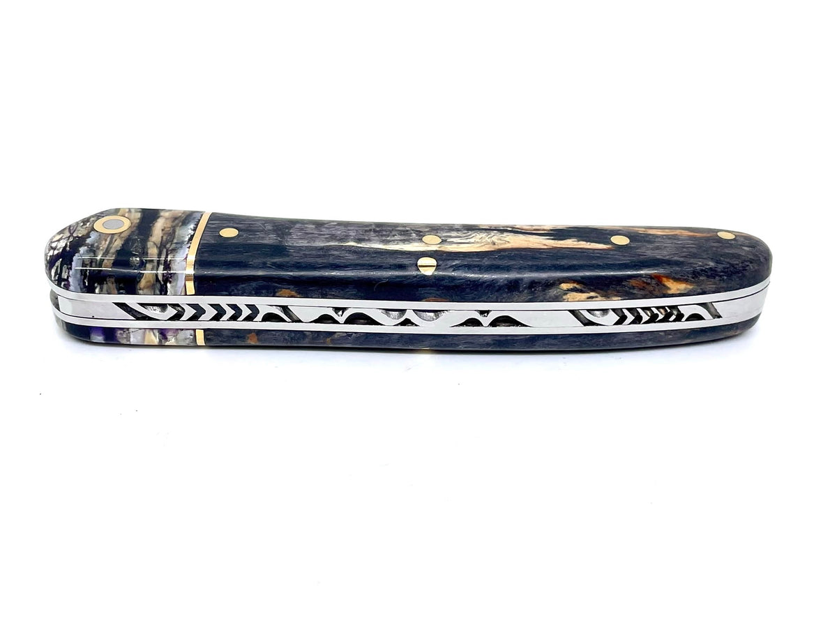 Coutellerie Passarelli - Couteau Alsacien lame pliable 10 cm mitre en molaire de mammouth, Bouleau madré teinté (noir) et stabilisé