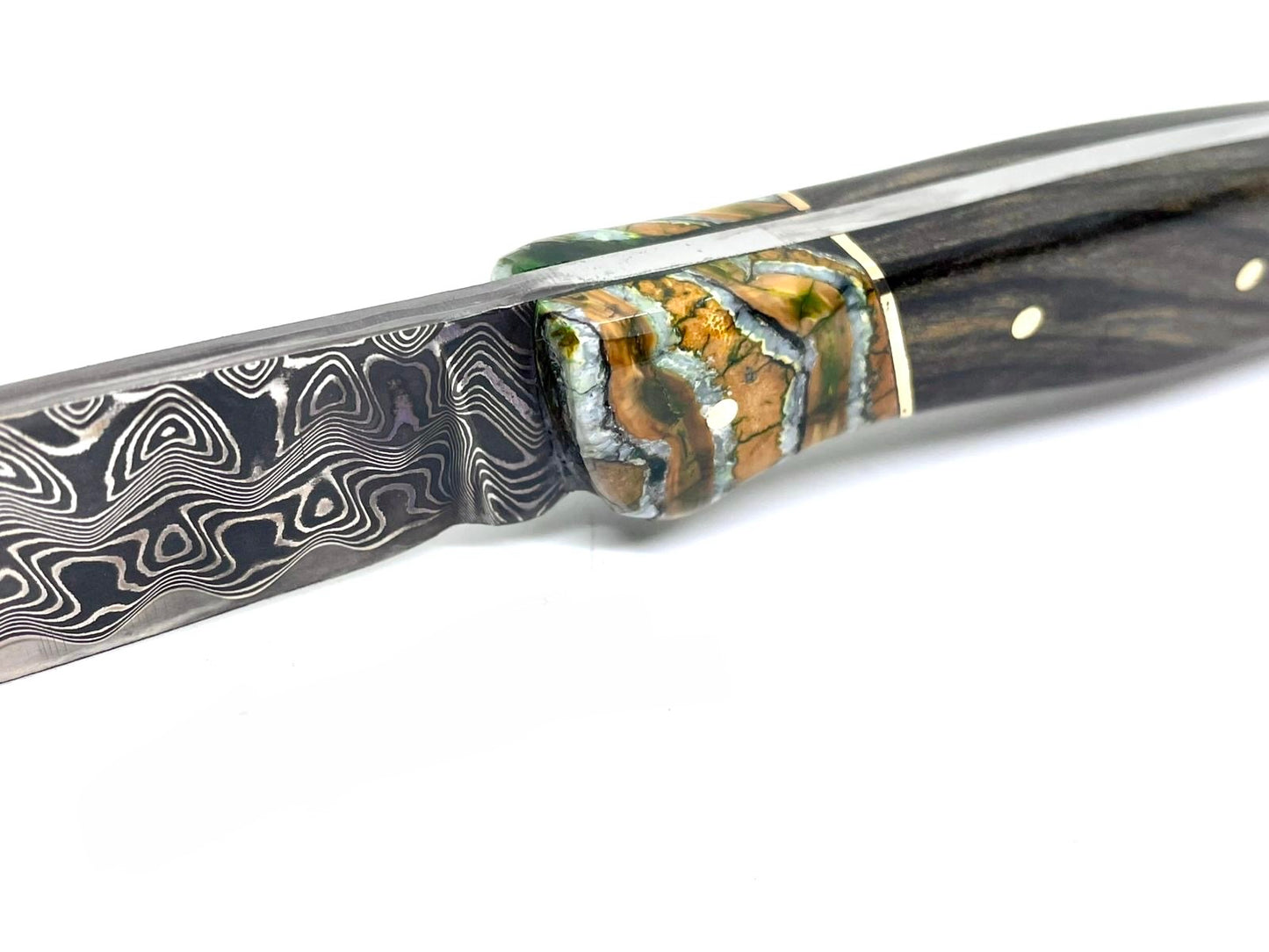 Coutellerie Passarelli - Couteau de chasse lame de Damas 10 cm fixe non pliable ébène royale du Laos et molaire de mammouth stabilisée et teintée