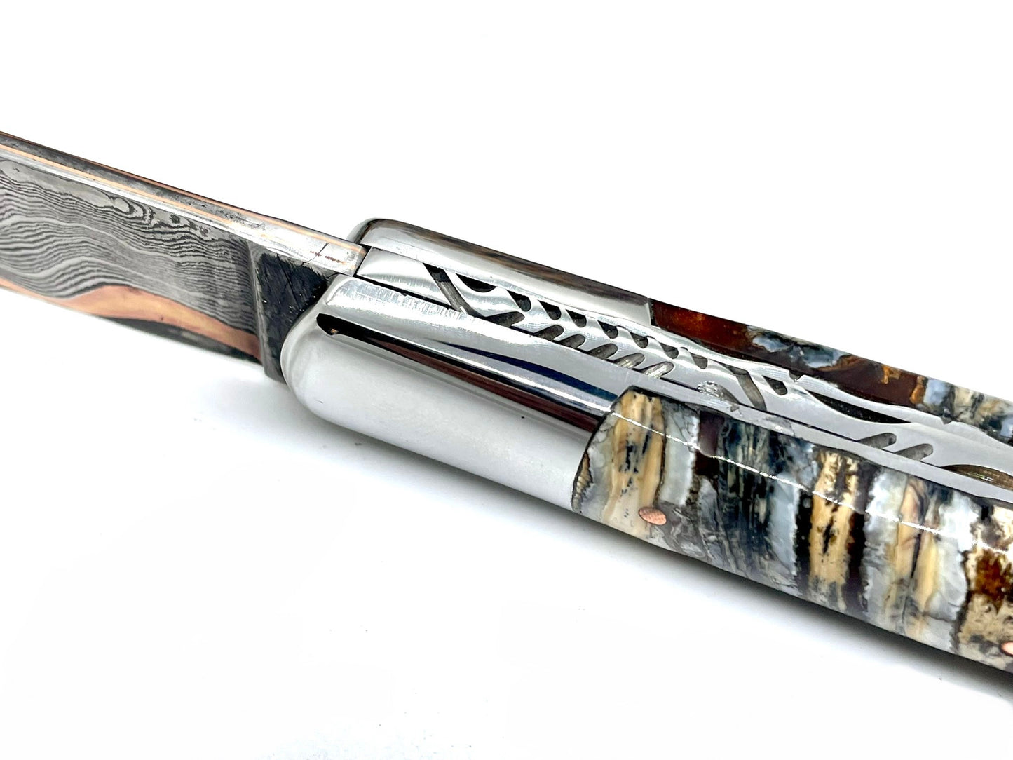 Couteau pliant damas artisanal - Roquefort en Molaire de Mammouth stabilisée et teintée lame de Damas pliable 11.5 cm GoMai-Sunset