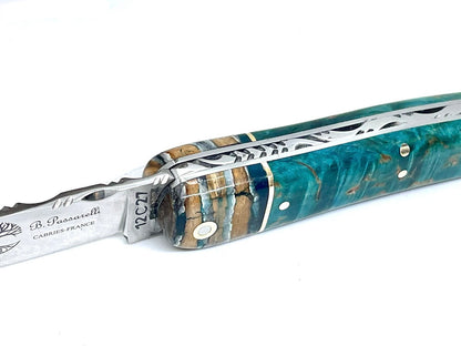 Coutellerie Passarelli - Couteau Alsacien lame pliable 10 cm mitre en molaire de mammouth, Bouleau madré teinté (turquoise) et stabilisé