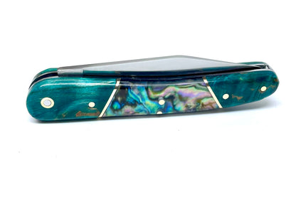 Coutellerie Passarelli - Couteau Alsacien lame pliable 10, Bouleau madré teinté (turquoise) et stabilisé, Abalone