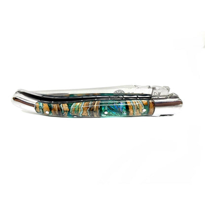 Coutellerie Passarelli - Couteau Laguiole lame pliable 12cm molaire de mammouth teintée et stabilisée abalone